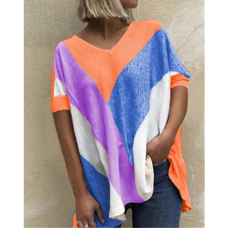 

Summer Patchwork Color Oversized Women T-shirts Casual V-neck Short Sleeve Office Lady Loose Plus Size Tees Feminine
