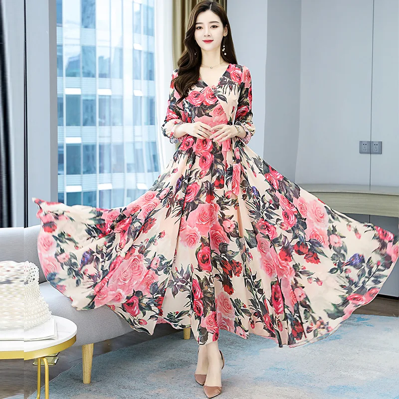 

2021 spring and autumn new temperament waist slim slimming over the knee foreign style aging popular long skirt chiffon dress