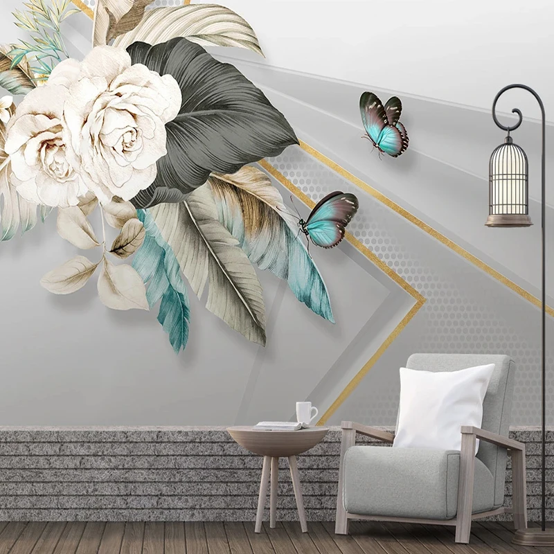 

Modern Self-adhesive Wallpaper Home Decor Wall Stickers 3D Hand-painted Flowers Butterfly Geometric Custom Mural Autoadhesivo