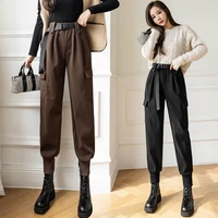 fashion streetwear winter woolen pants woman loose stretch high waist baggy cargo pants women brown black belt joggers trousers