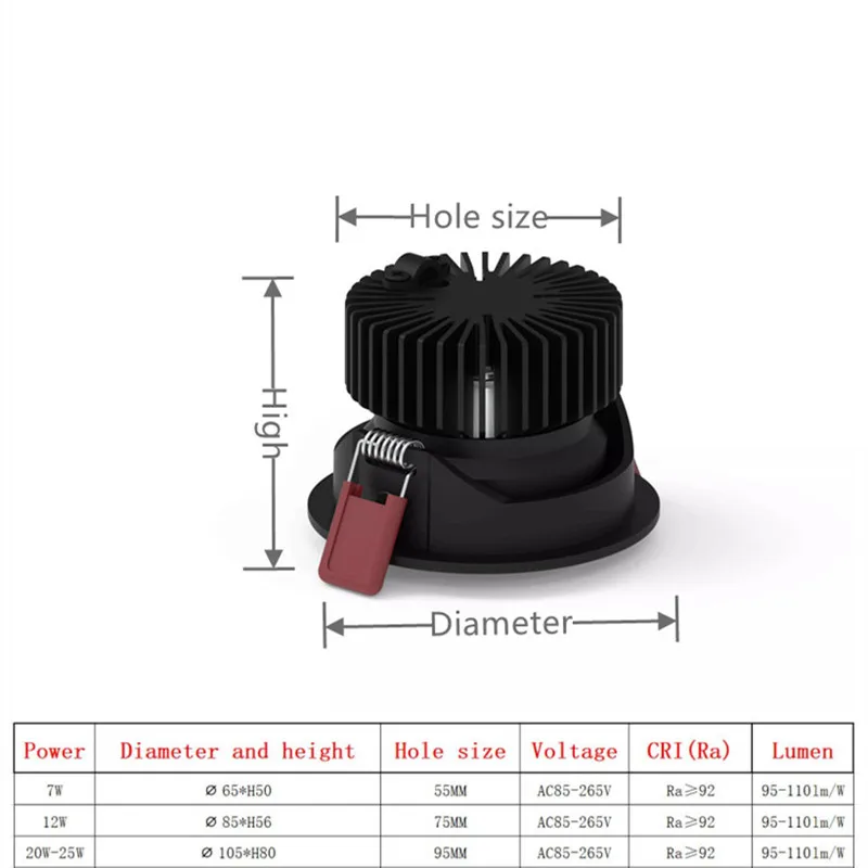 

Dimmable LED Recessed Lighting, 7W 12W 20W 25W CREE COB Downlight, 3000K Warm White, CRI 92 Ceiling Lamp with LED Driver