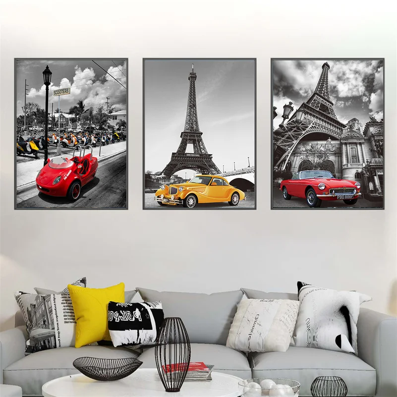 Черно-белые настенные картины для украшения гостиной, ВИНТАЖНЫЙ ПЛАКАТ, картина из Парижа, такси, Лондона, автобуса, скандинавский уличный художественный холст