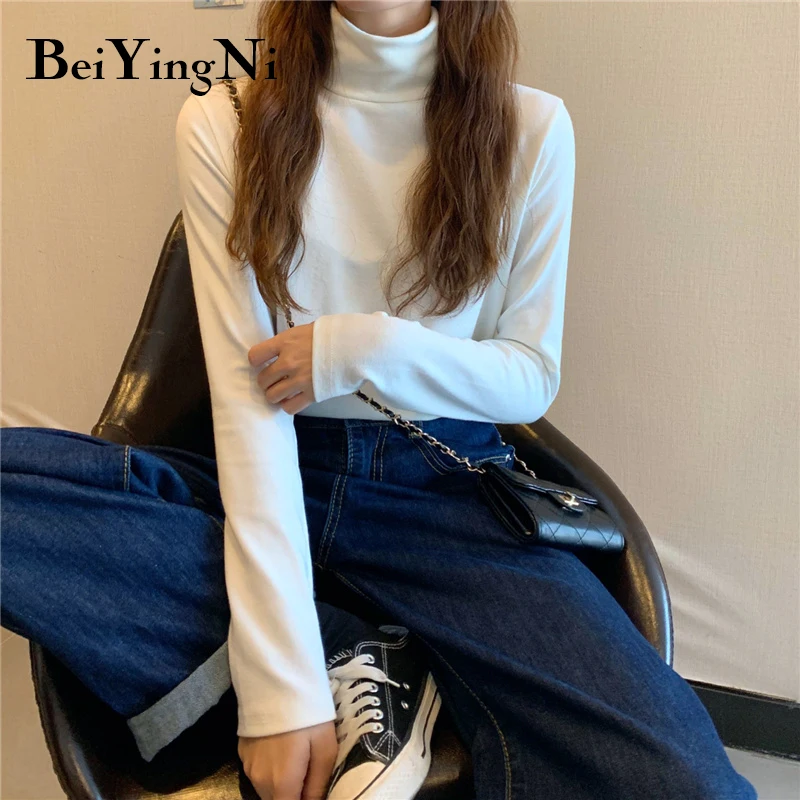 

Beiyingni Thick Warm Tshirts Womens Turtleneck Vintage Harajuku Long Sleeve Tops Ladies All-match Slim Preppy Street T-shirts