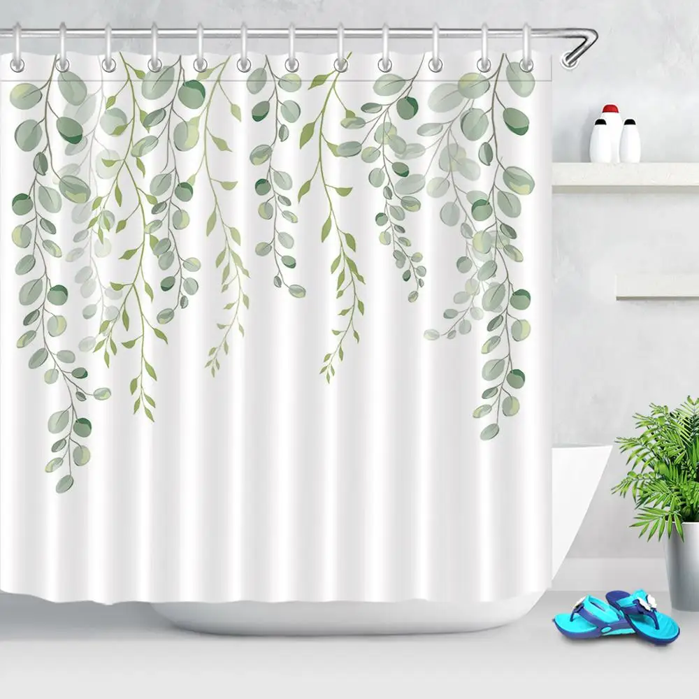 

Simple Green Plants Leaf Shower Curtains Bathroom Waterproof Polyester Fabric Bath Screens Leaves Printed Curtains for Bathroom