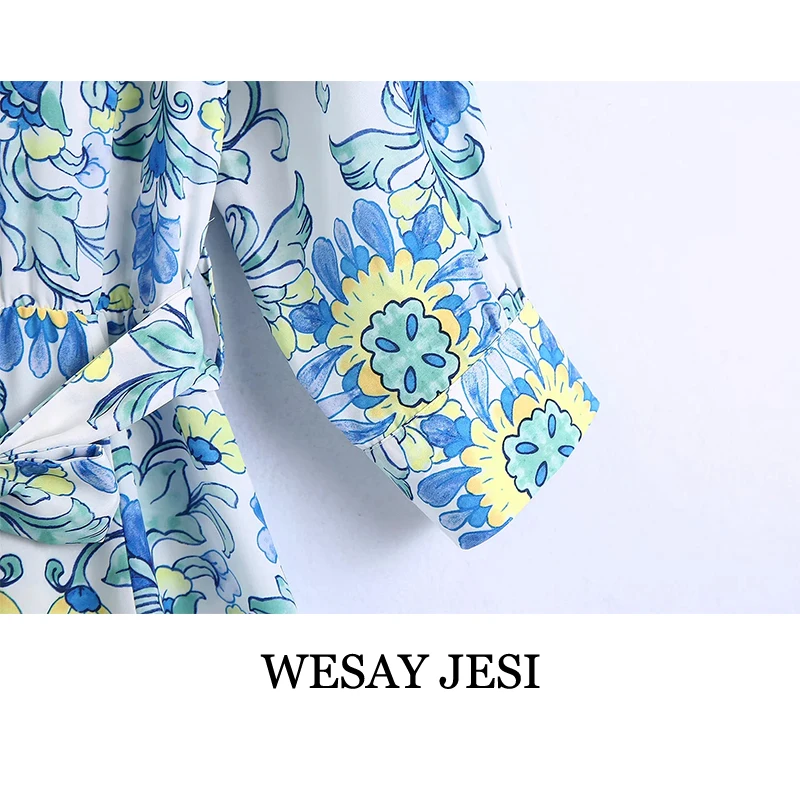 

WESAY JESI Za Women's Clothing 2021 TRAF Shirt Dress Woman Fashion Casual Print Mid-Calf Dresses Vintage Chic Sashes Sundress