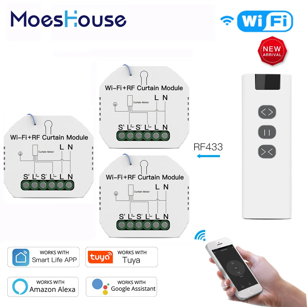 

WiFi RF433 Blinds Curtain Switch with Remote for Electric Roller Shutter Sunscreen Tuya Smart Life Google Home Alexa Smart Home