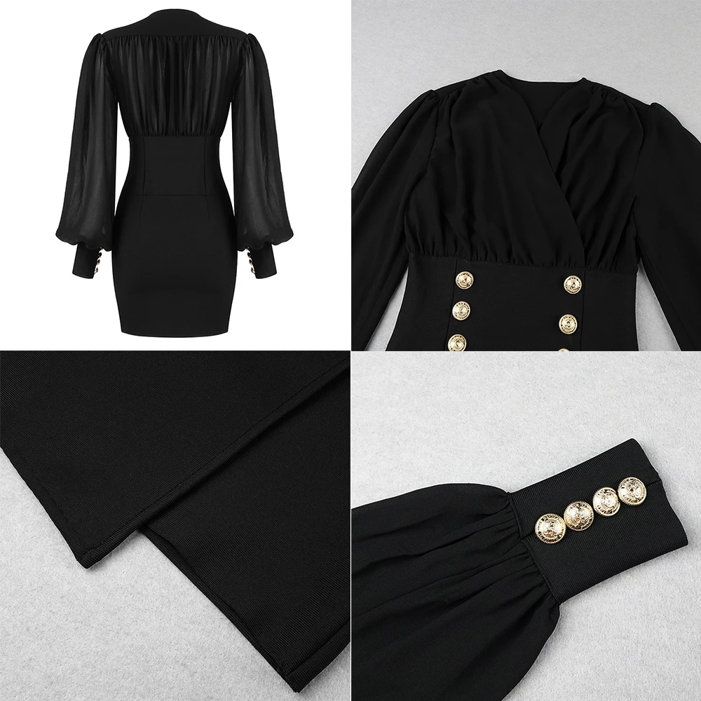 

2020 winter women's new style dress sexy v-neck long-sleeved tight dress British style new solid color double-breasted dress