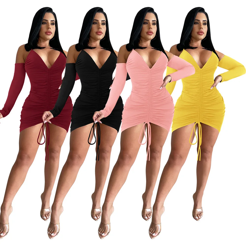 

Sexy Spaghetti Strap V-neck Drawstring Mini Dress Women New Autumn Long Sleeve Off Shoulder Package Hip Night Club Party Vestido