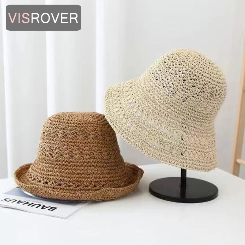 VISROVER 5 Colors Solid Raffia Straw Bucket Hat Unisex Foldable Straw Caps For Women Summer Cap Beach Khaki Sun Fishman Hat Gift