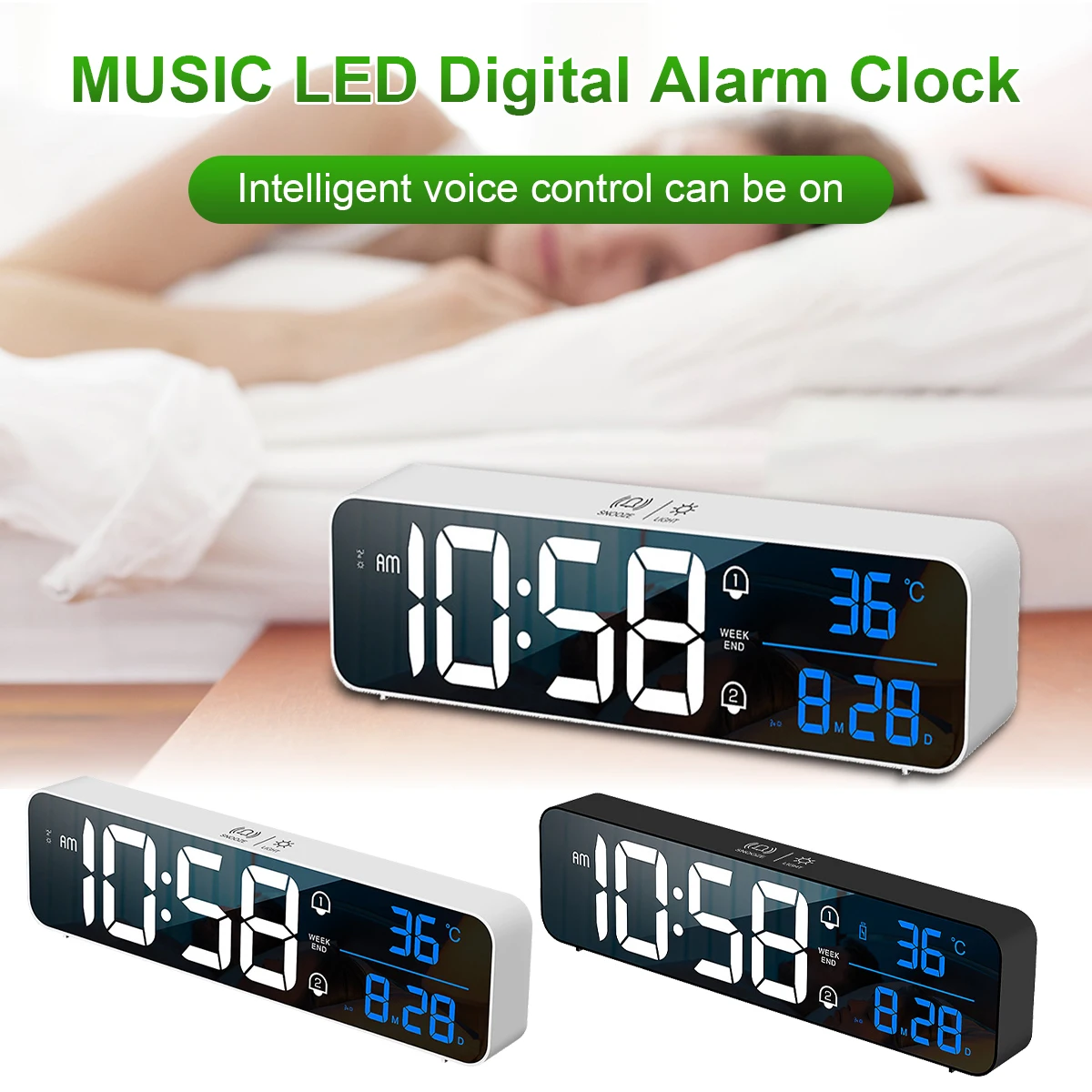 

LED Digital Alarm Clock+40 Music Voice Control Bedside Temperature Date Display Wall Clock Adjustable Volume Brightness Clock