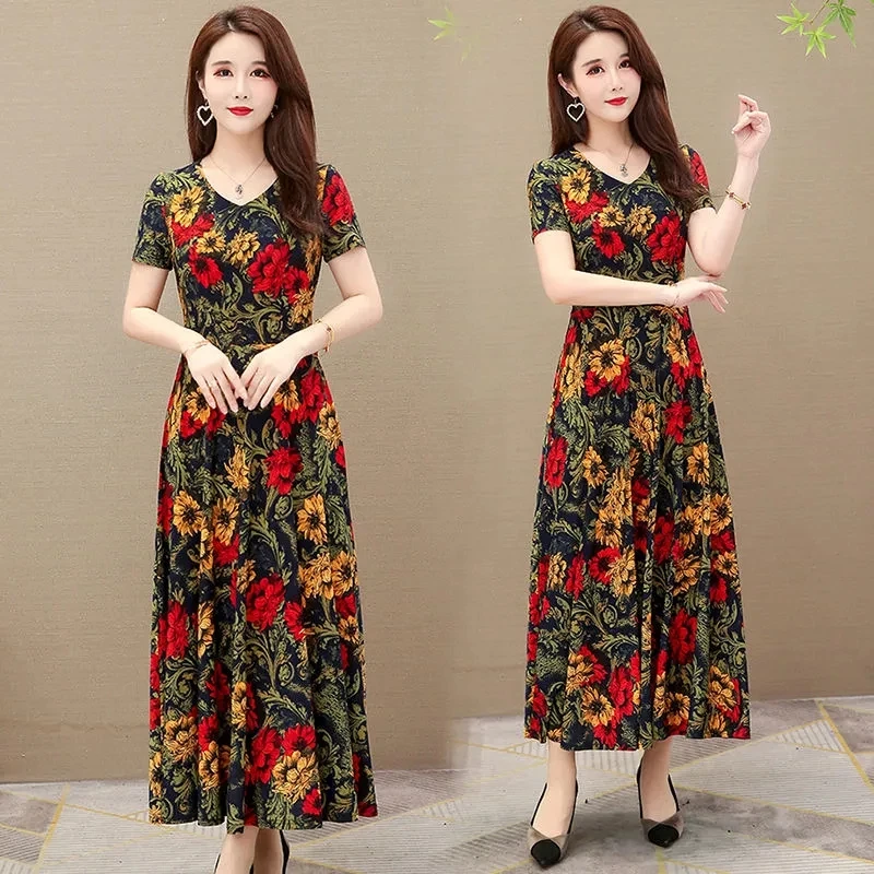 

Vintage Printing summer floral Dress Women Fashion elegant short sleeve Dresses ladies 2021 new Mom Swing Ankle-Length Dress