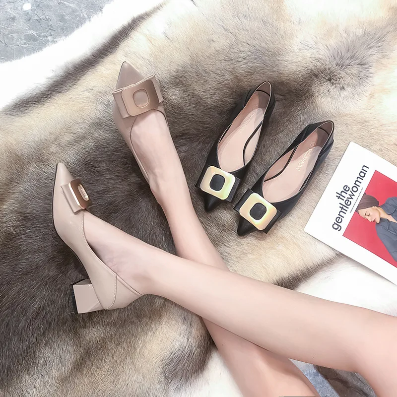 

2021 spring new pointed toe square buckle thick heel high heel casual work shoes shallow mouth single shoes women