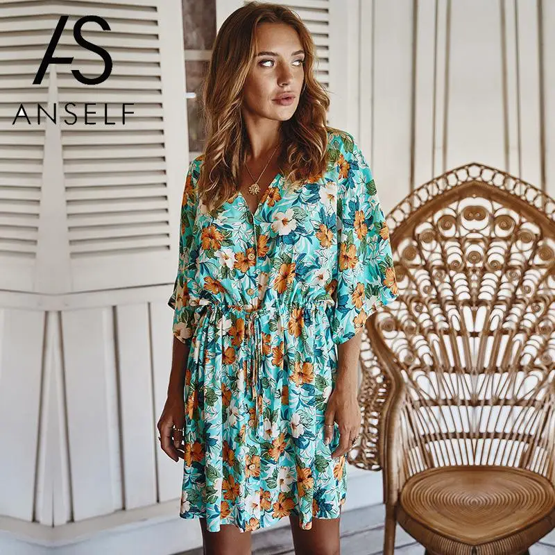 

2020 Summer Bohemian Dress Women Casual Dress V-Neck Half Sleeve Floral Print Self-tie Bandage Elastic Waist Party Mini Dress