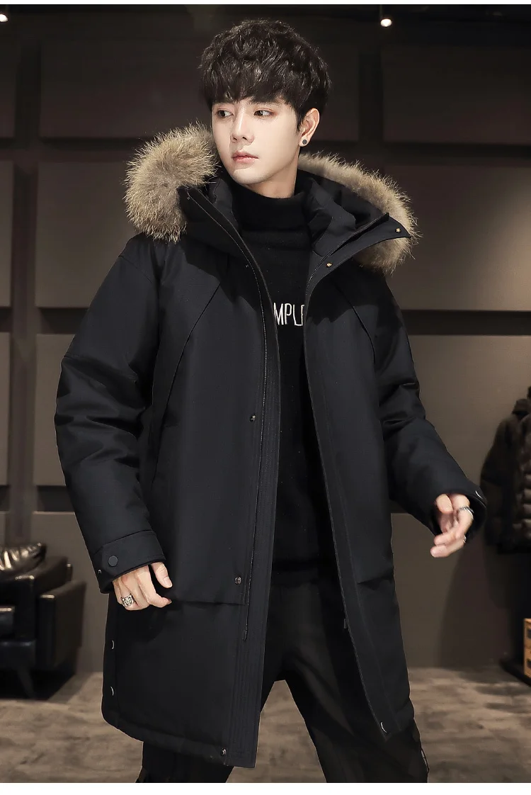 Winter New Casual down Jacket Men's Mid-Length Fashion Hooded Warm Big Fur Collar Coat