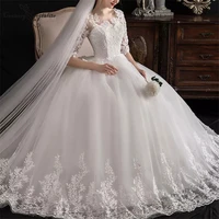 elegant princess wedding gowns 2020 lace appliques ball gown bride dresses plus size half sleeve lace up vestido de noiva cheap