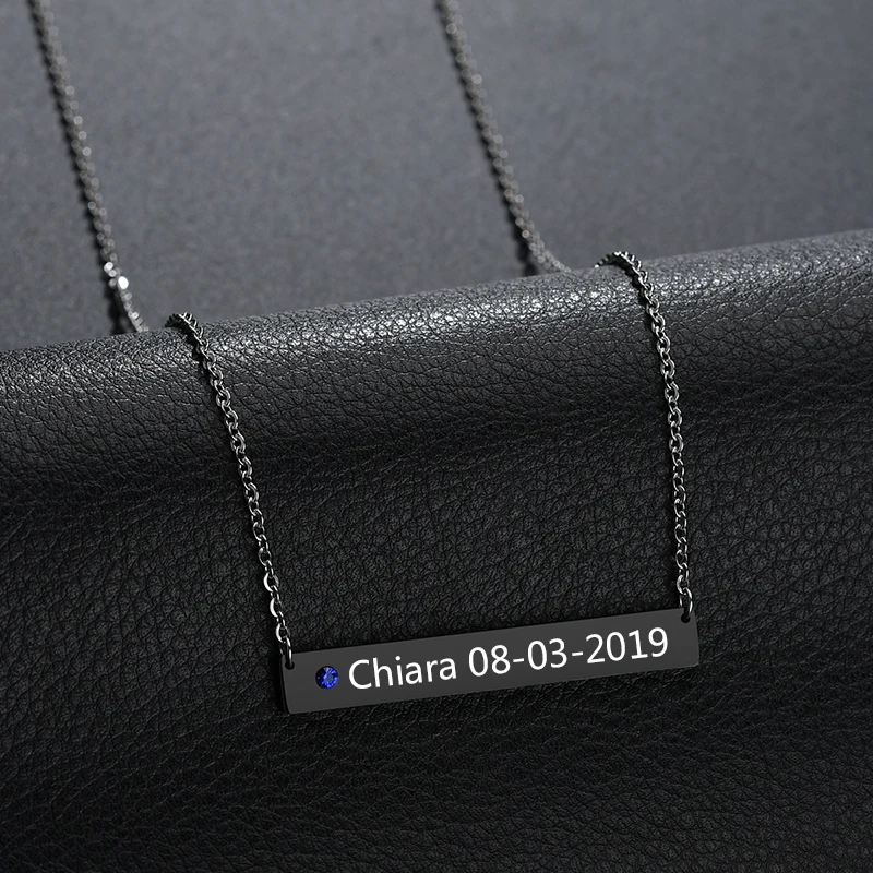 

UZone Tiny Zirconia Personalized Nameplate Square Bar Necklace Stainless Steel Custom Name Date ID Tag For Women Birthday Gift