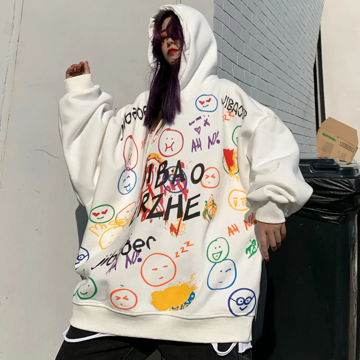 

streetwear hooded sweater graffiti top Harajuku couple fleece hoodie velvet 2021 women's autumn and winter loose