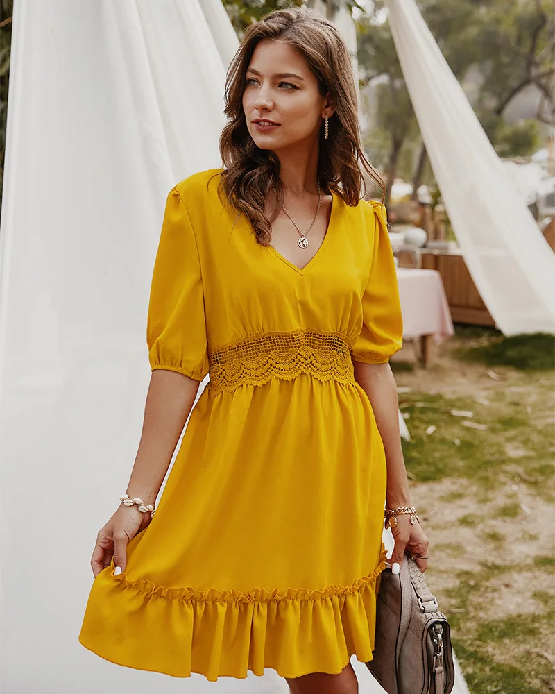 

Elegant Pink V-Neck Lace Stitching Ruffled Hem Half-Sleeved Summer Party Dress Ladies Solid Color A-Line Elegant Dress Vestidos