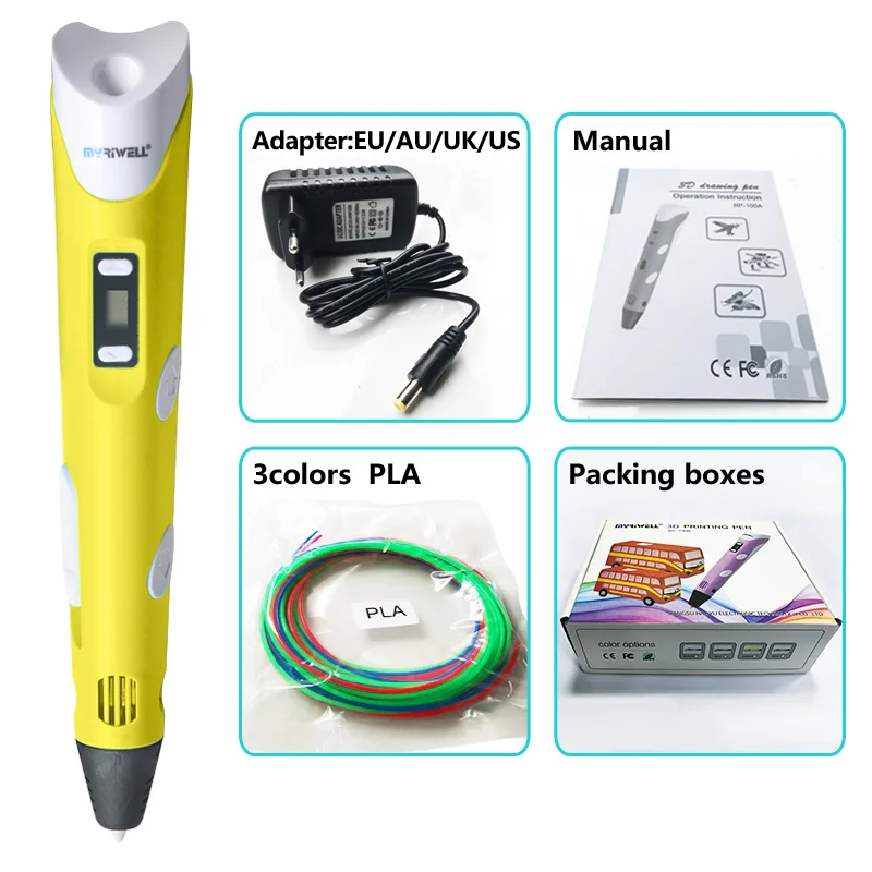 Yellow pen Package 1 Myriwell 3d Ручка 3d ручки, светодиодный дисплей, ABS/PLA нити, подарки для детей зарядка через USB, 3 d Ручка 3d модели Smart 3d печать pen-3d Волшебное перо - Цвет: Yellow pen Package 1