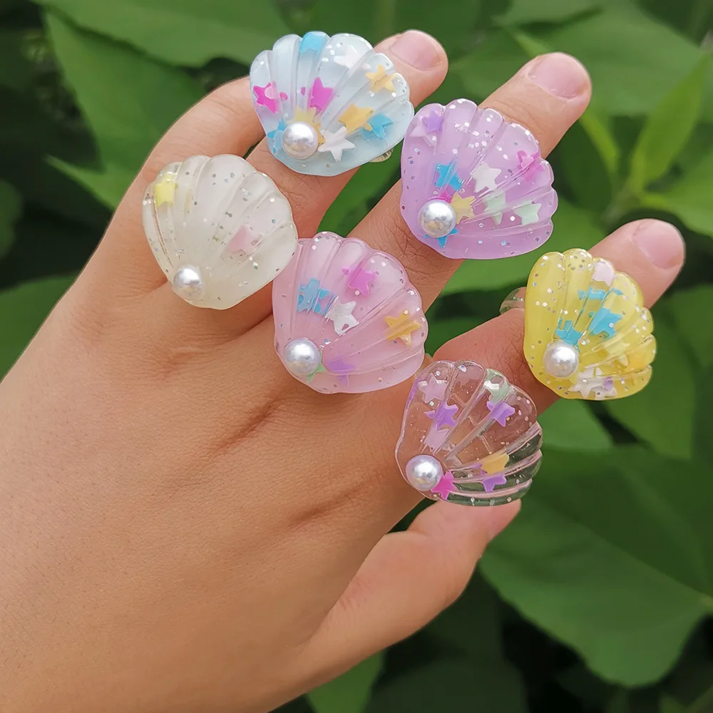 

1PC Cute Korean Women Fashion Personality Big Rainbow Shell Shape Pearl Resin Finger Ring for Women Girls Trendy Rings Party