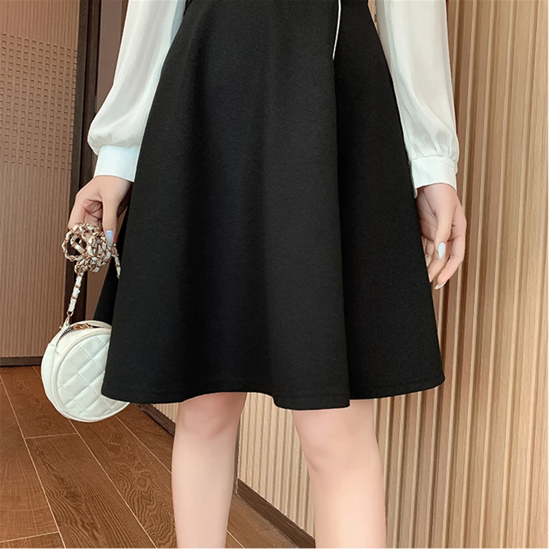 

2XL Hepburn Vintage Dress Patchwork Retro Notched Thin Waist Black One Step Skirt 2021 Spring Autumn Long Sleeve Women Clothes