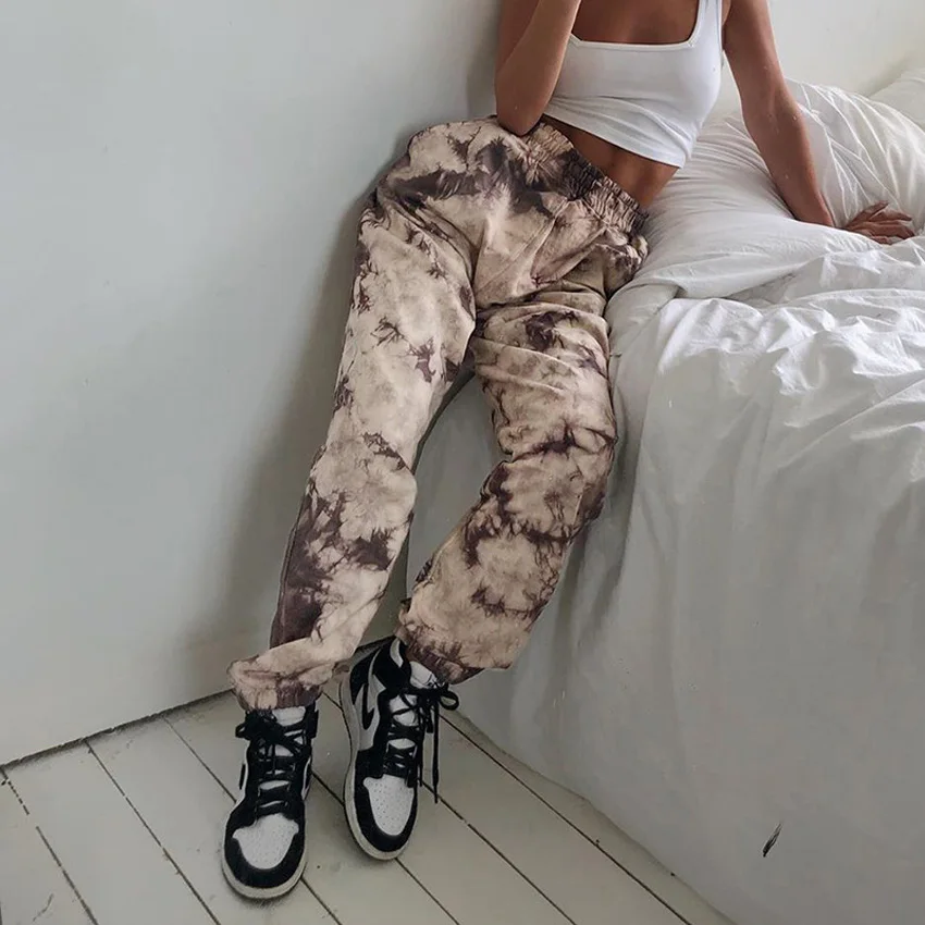

Lusofie Casual Sweatpants Joggers Women Tie Dye Print High Waist Pants Capris Pocket Fashion Skinny Long Trousers Streetwera