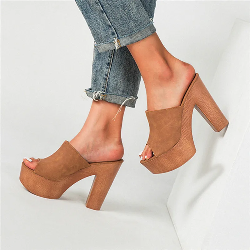 

Summer Fashion Shoes Thick-Soled High Heel Lady Shoes Fish Mouth Slippers Beach Square Heel Slip-On Sandals Shoes