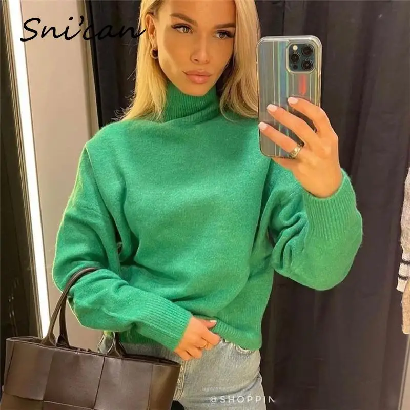 Женский трикотажный свитер Za зеленый однотонный Свободный пуловер с высоким