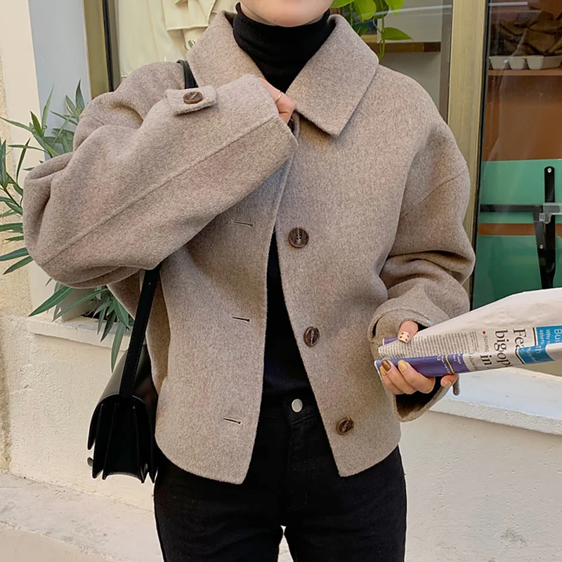 

Женская короткая однобортная куртка, Повседневная Свободная однотонная куртка с отложным воротником, осень 2021