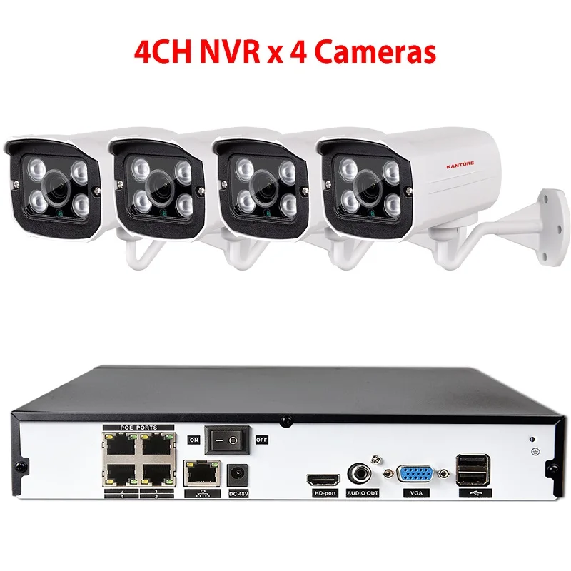 4CH NVR x 4 Camera KANTURE H.265+ 4CH 5MP POE NVR система аудио запись 5MP Wandalproof безопасность в/на открытом воздухе POE ip-камера система видеонаблюдения - Цвет: 4CH NVR x 4 Camera