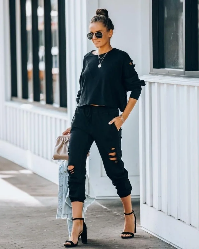 

Donsignet New Women's Suit Fashion Spring/Autumn Suit Long Sleeve Stitching Ripped Trousers Sports Women's Suit