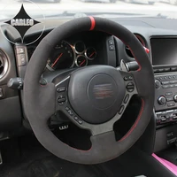 diy car steering wheel cover for nissan gtr genuine suede leather red marker custom hand stitching holder top layer wrap