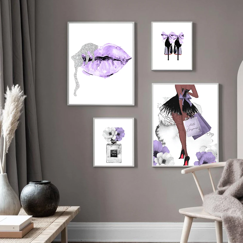

Fashion Purple Poster Print Wall Art Perfume Lip High Heels Canvas Painting Girl Room Wall Picture For Beauty Shop Decoration