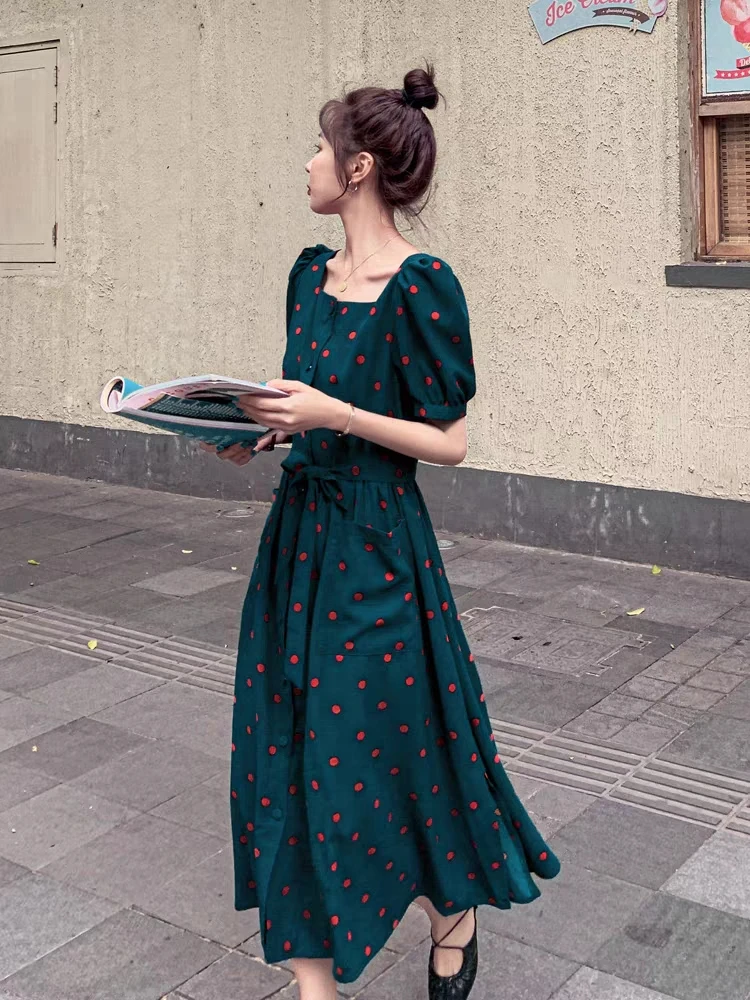 

Summer Dot Chiffon Women Dress Lace Waist Sweet Short Sleeve Party Beach Sundress France Slim Waist Robe