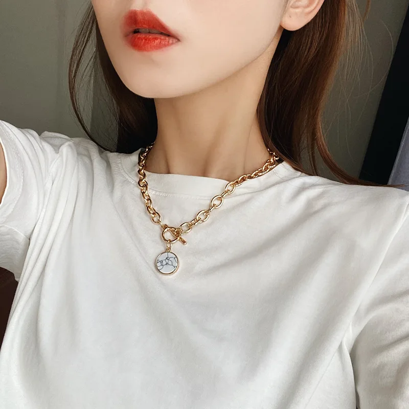 

GorGor ожерелье для женщин звено цепи из сплава свитер круглая карта позолоченный простота изысканный Творческий юбилей ювелирные изделия ...