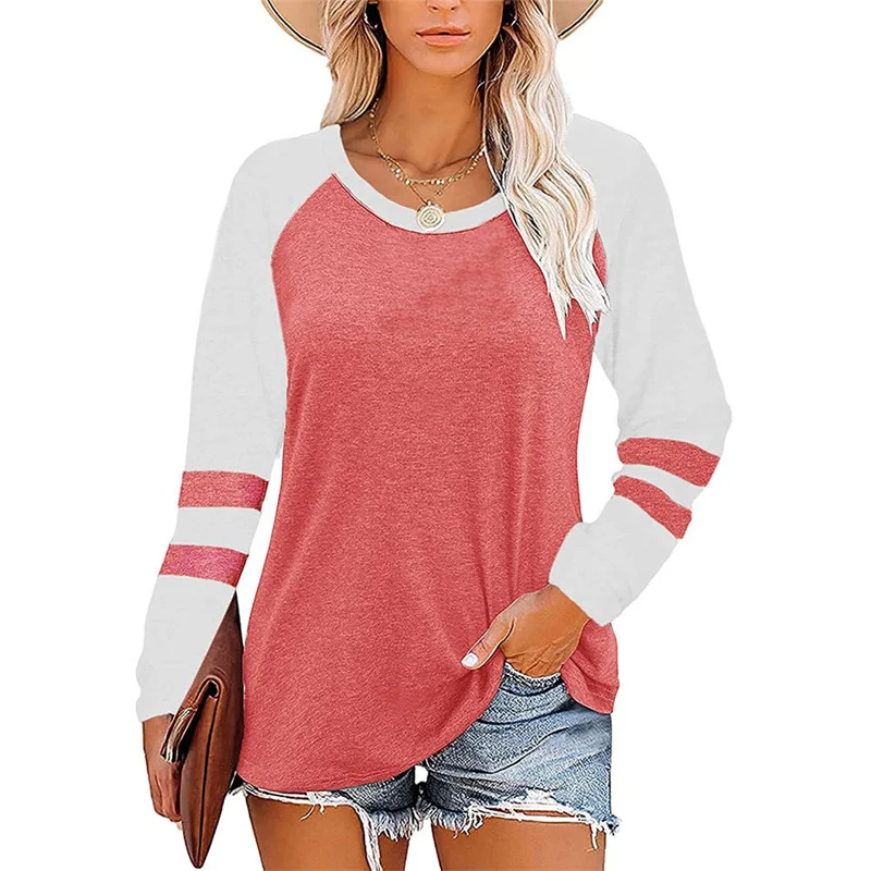 

Winter Autumn Lady Long Sleeve Patchwork Printing Solid Color Fashion Casual Tops Oversize Harajuku O-Neck Loose Clothes Female