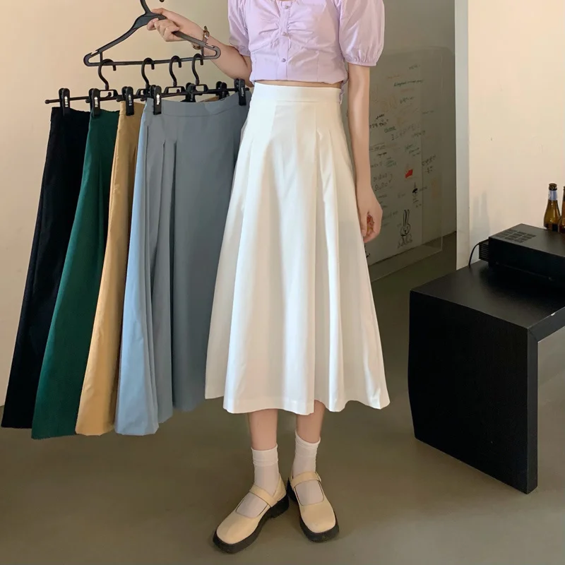 

Women Elegant Fashion Summer A-line Elegant Solid Color Basic All-match Casual High Waist Preppy Street Temperament Skirt