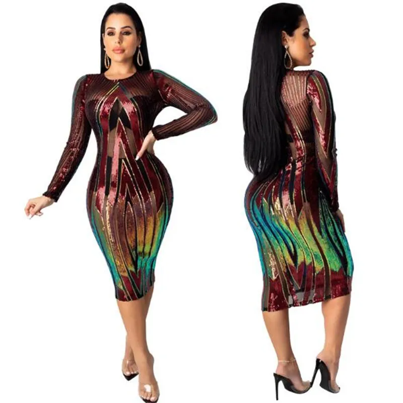 

2020 Spring women dress sexy nightclub sexy see-through sequin dresses skinny high quality fashion dress X59