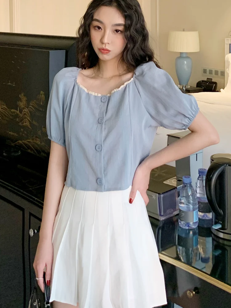 

Houthion Chiffon Slim Women's Blouses Fashion Short Sleeve Top Solid Color O-neck Buttons Shirt Summer New Casual Blouse