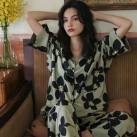 french vintage printed pajamas for women high quality silk home clothes suit set female spring long sleeve sleepwear nightwear