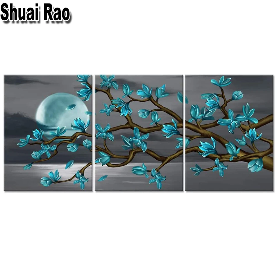 Триптих алмазная живопись визуальная синяя зеленая Магнолия Луна полная