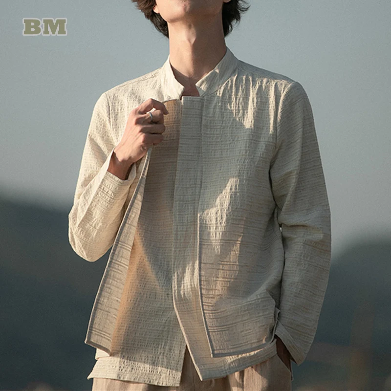 Chinese Style Stand-Up Collar Shirt Men Spring Autumn Linen Tang Suit Shirt Fake Two Loose Plus Size Coat Tai Chi Clothes Male