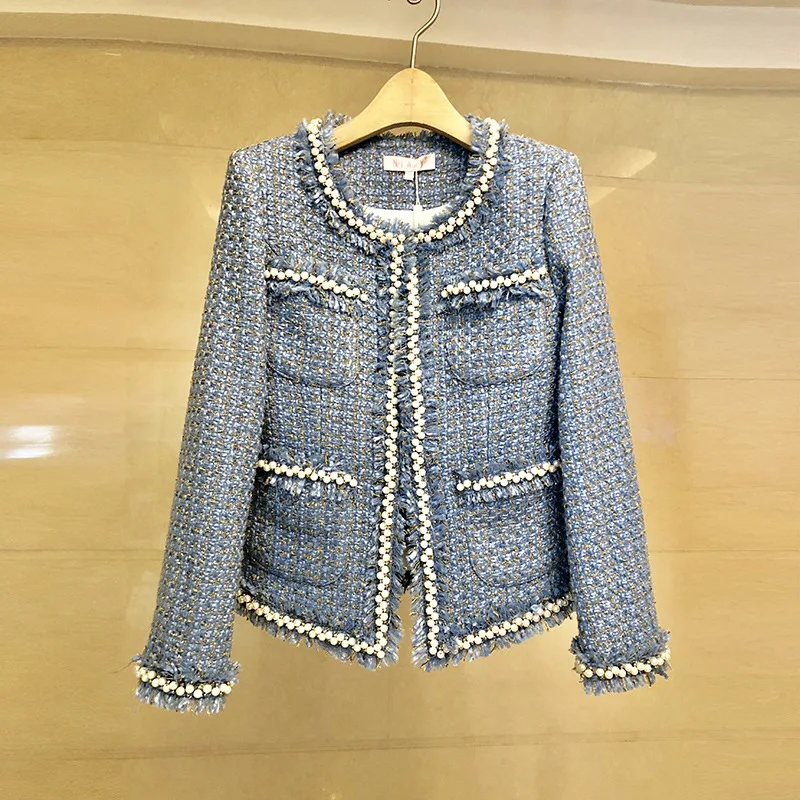 Tailor Store Jacket Temperament Small Fragrant Coat Female Celebrity Tweed Beaded Tassel Slim Crop Top Jacket Fall for Women