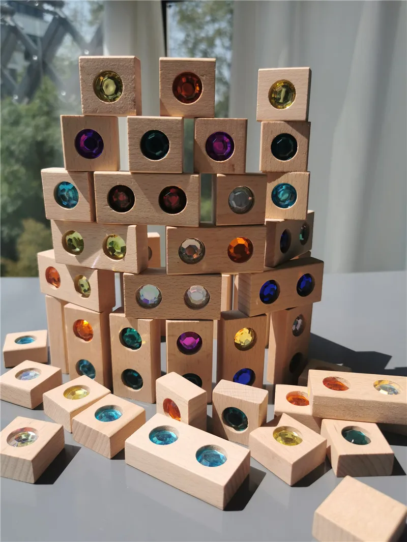 Bloques de construcci&oacute;n de piedras brillantes de acr&iacute;lico para ni&ntilde;os, juguete Montessori de madera, piedras preciosas de madera, bloques de construcci&oacute;n de diamantes de cristal de arco&iacute;ris-2