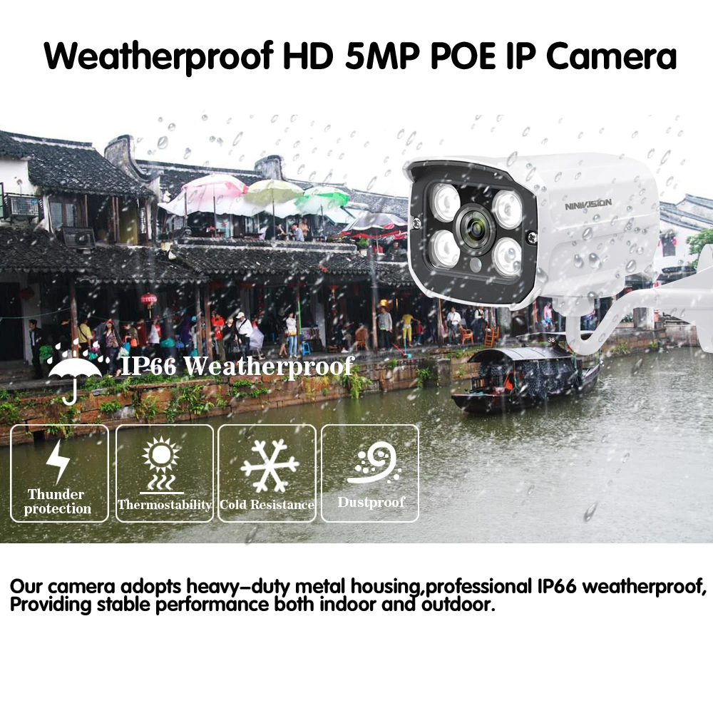 

NINIVISION H.265 Surveillance IP Camera 25FPS 5MP Waterproof Outdoor CCTV Camera With 4PCS ARRAY IR LED ONVIF Email Alert