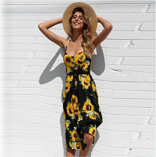 

Vintage Sexy Bohemian Floral Tunic Beach Dress Sundress Pocket Red White Dress Striped Female