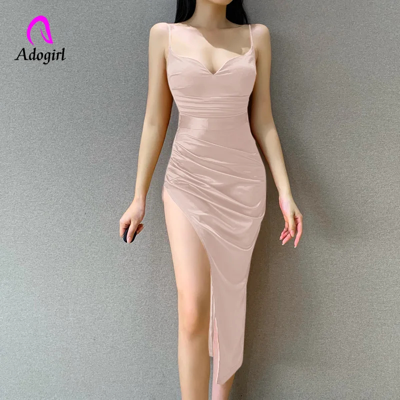 

Nude Satin Women Solid Spaghetti Straps Midi Dress Ruched High Slit Bodycon Sexy Party Elegant 2021 New Summer Festival Vestidos
