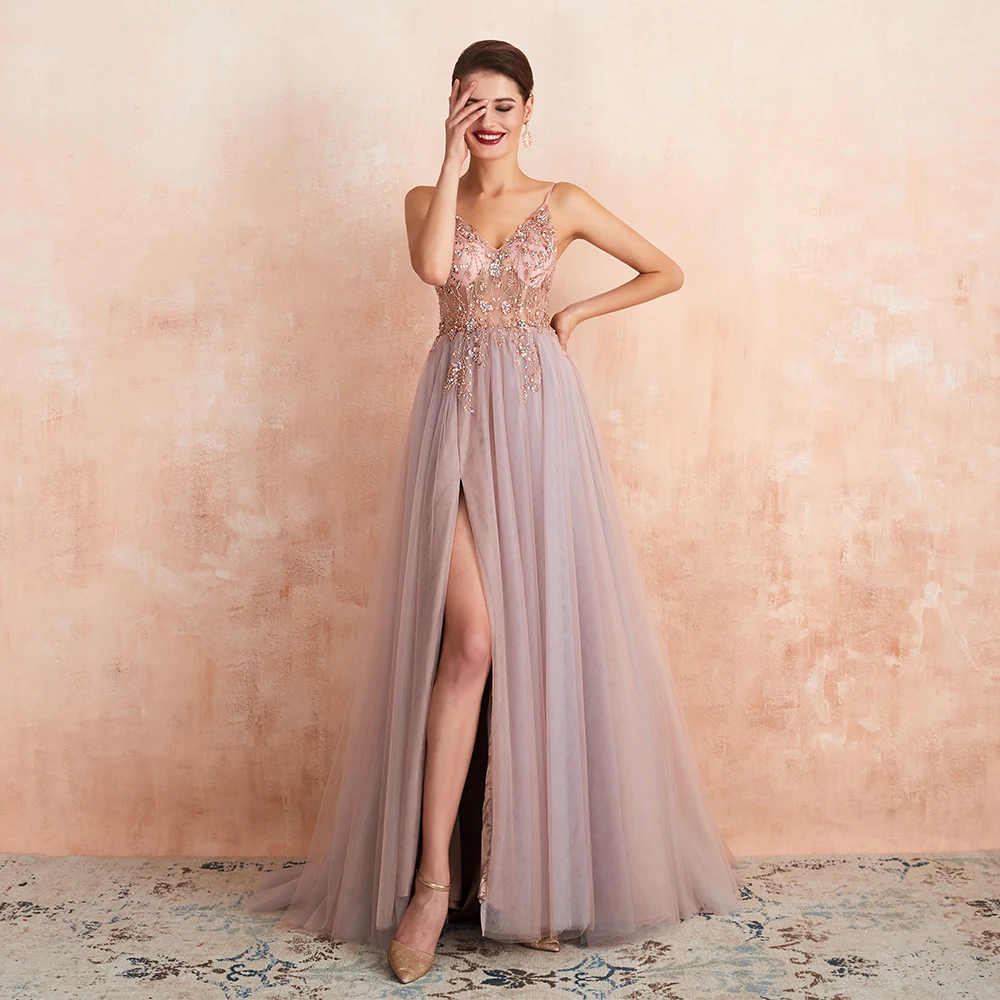 

Sexy Spaghettibandjes Avondjurken 2020 Nieuwe Collectie V-hals Strass Kralen Formele Prom Jassen Met Split Robe De Soiree