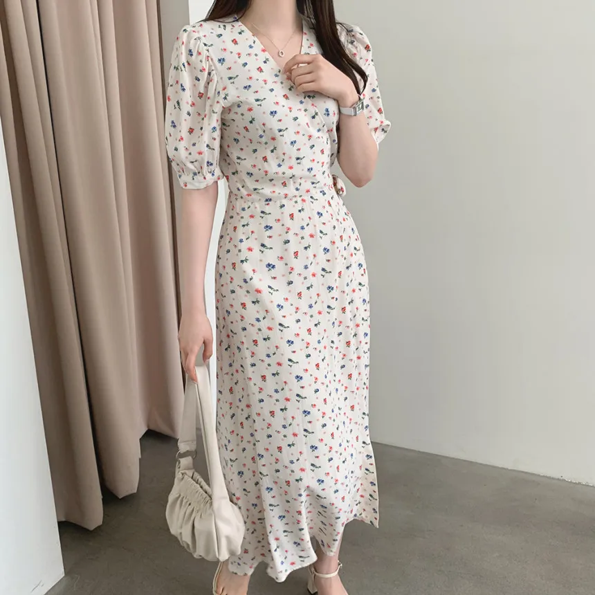 

Women 2021 Summer Chic Sweet Print Elegant V Neck bandge Waist Short SleeveDresses Vestido