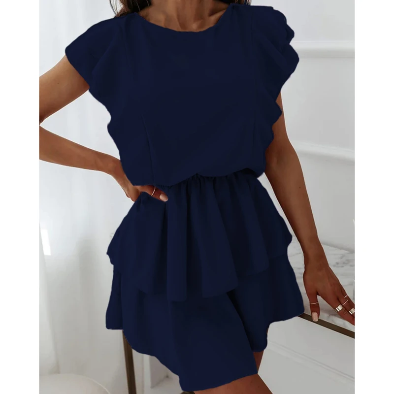 

2021 Summer Double-Layer Dress Fashion Loose Ruffle Short-Sleeve Women Pure Color Elastic Waist A-Line Mini Dress Robes